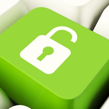 Unlocked Padlock Computer Key In Green Showing Access And Protection