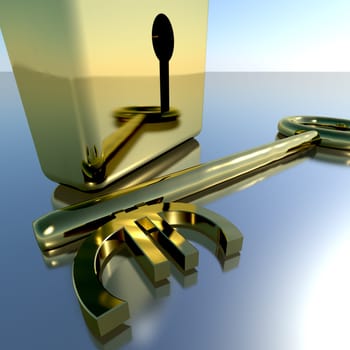 Euro Key With Gold Padlock Showing Banking Savings And Finances
