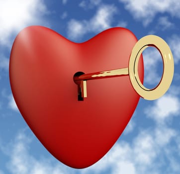 Heart With Key And Sky Background Showing Love Romance And Valentine