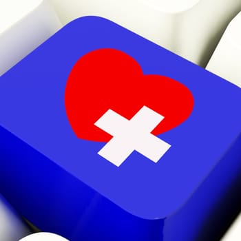 Heart And Cross Computer Key Blue Showing Emergency Assistance