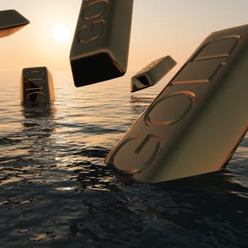 Gold Bars Sinking  Showing Market Depression Recession And Economic Downturns