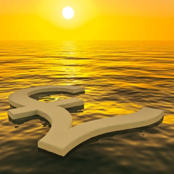 Pound Floating And Sunset Showing Money Wealth Or Earning