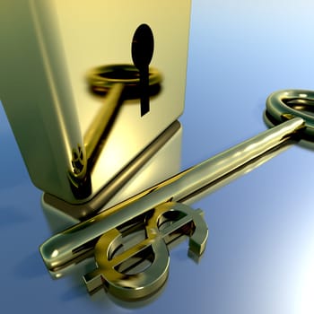 Dollar Key With Gold Padlock Showing Banking Savings And Finances