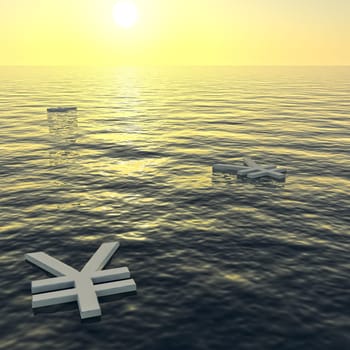 Yen Floating To A Sunset Showing Money Wealth Or Earning