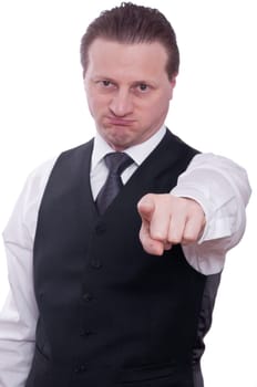 Angry man pointing index finger forward