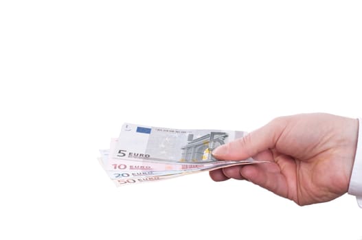 A hand with a shirt holds euro bills