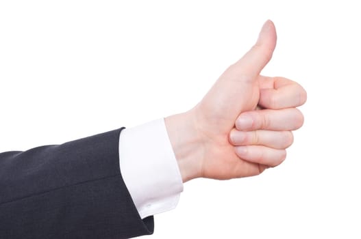 Arm with suit and shirt holds thumbs up