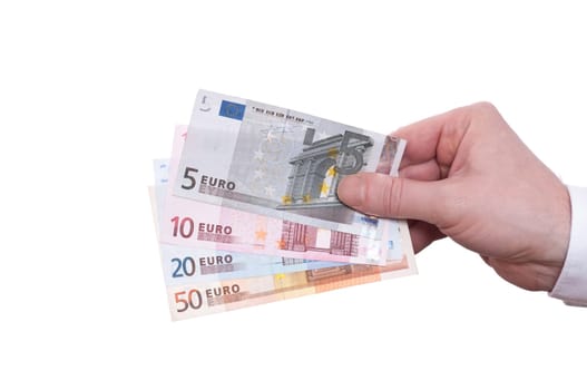 A hand with a shirt holds euro bills