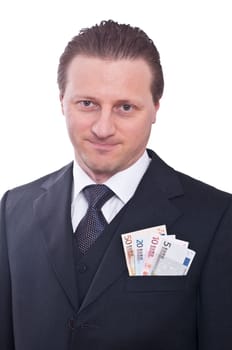 A man in a suit has euro bills in his pocket