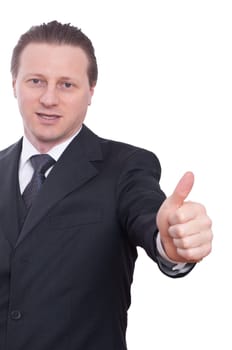 A banker points his thumb up