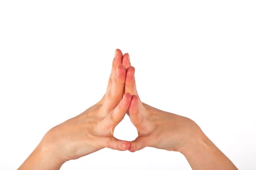 A womans hand is shown in yoga gesture