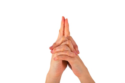 A womans hand is shown in yoga gesture
