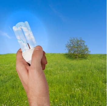 Glowing Energy Saving Bulb in Hand - Green Meadow in Background
