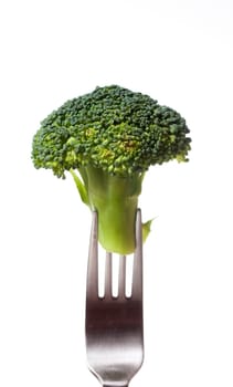 broccoli on fork isolated on white