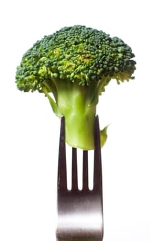 broccoli on fork isolated on white