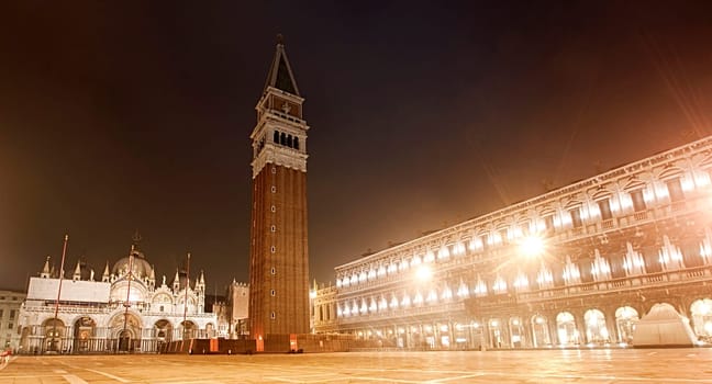 Piazza San Marco on foggy night, Venice, Italy
