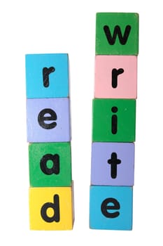 toy letters that spell read and write against a white background with clipping path