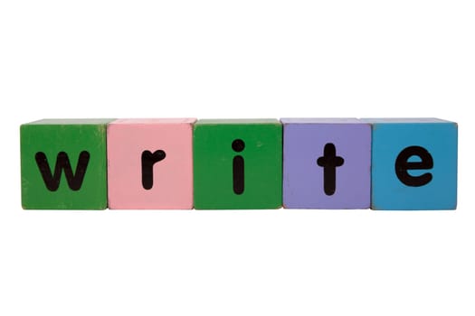 toy letters that spell write against a white background with clipping path