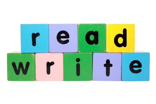toy letters that spell read and write against a white background with clipping path