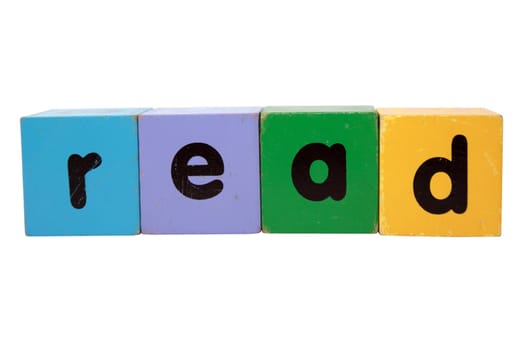 toy letters that spell read against a white background with clipping path