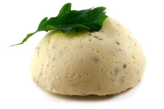Traditional Latvian homemade cheese on white background