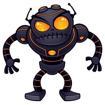 Vector cartoon illustration of an angry robot getting ready for battle. This mean and nasty robot is dark gray with orange eyes and highlights.