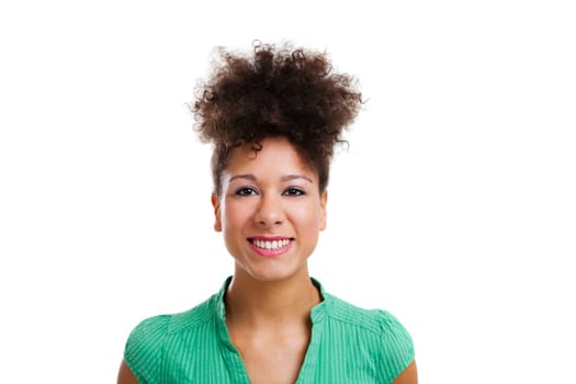 Beautiful woman looking at the camera smiling. Studio shot with isolated white background.