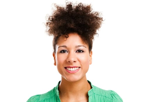 Beautiful woman looking at the camera smiling. Studio shot with isolated white background.