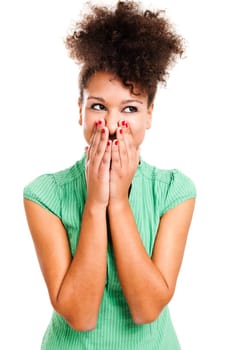 Beautiful woman laughing and giggling hands in front of mouth. Studio shot with isolated white background.