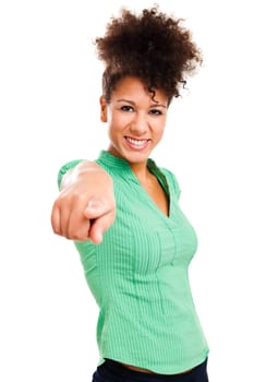 Happy smiling woman pointing. Studio shot with isolated white background.