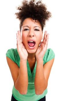 Beautiful woman shouting. Studio shot with isolated white background.