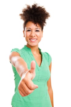 Beautiful african woman giving thumbs up and smiling. Studio shot with isolated white background.