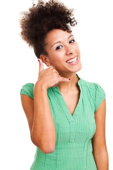Beautiful woman making a sign for calling. Studio shot with isolated white background.