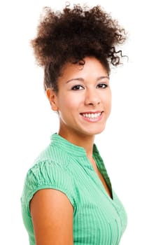 Beautiful woman looking at the camera smiling. Studio shot with isolated white background.