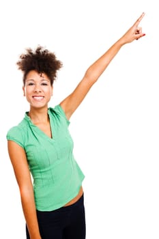Happy smiling woman pointing up. Studio shot with isolated white background.