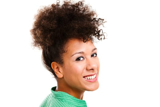 Beautiful woman looking at the camera smiling. Studio shot with isolated white background.