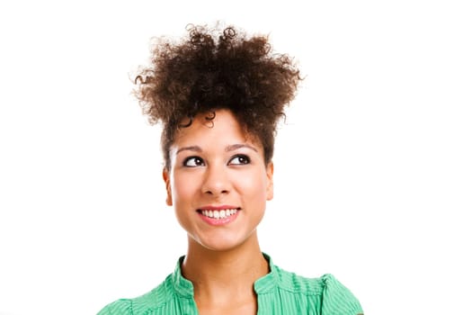 Beautiful woman smiling and looking up. Studio shot with isolated white background.