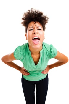 Beautiful woman shouting. Studio shot with isolated white background.