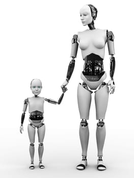 A robot woman holding hand with her robot child. White background.