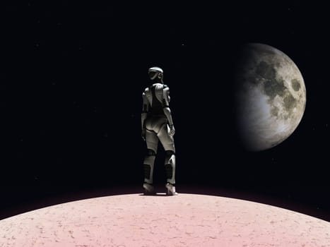 An android woman standing on a planet and gazing out in space. Stars and a planet in the background.