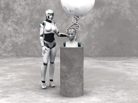 An android woman head on a podium. A female robot standing beside her. The head is connected to a big sphere through cables. Grey stone wall in the back and stone floor around the podium.