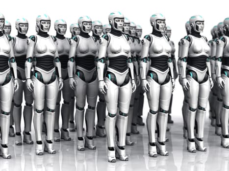 A group of android woman standing in rows, eyes closed.