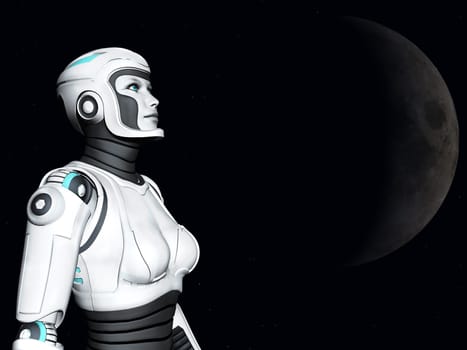 The face of an android woman, gazing out in space. Stars and a planet in the background.