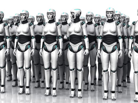 A group of android woman standing in rows, eyes closed. One of the androids have woken up.