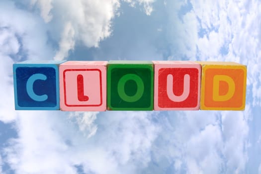 toy letters that spell cloud against a cloudy background with clipping path