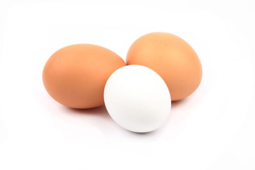 Three chicken eggs against white background