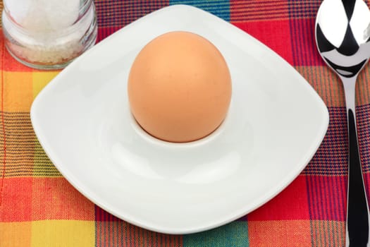 Breakfast egg in an egg cup with salt mill and spoon