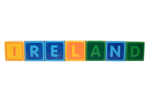 toy letters that spell ireland against a white background with clipping path
