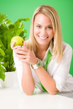Green business office woman smiling hold apple plant environment friendly