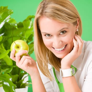 Green business office woman smiling hold apple plant environment friendly
